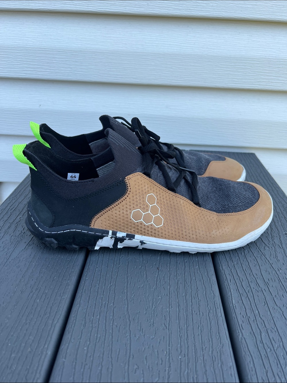 Vivo Barefoot Men's Brown Black Trainer with Neon Green Pull Tabs